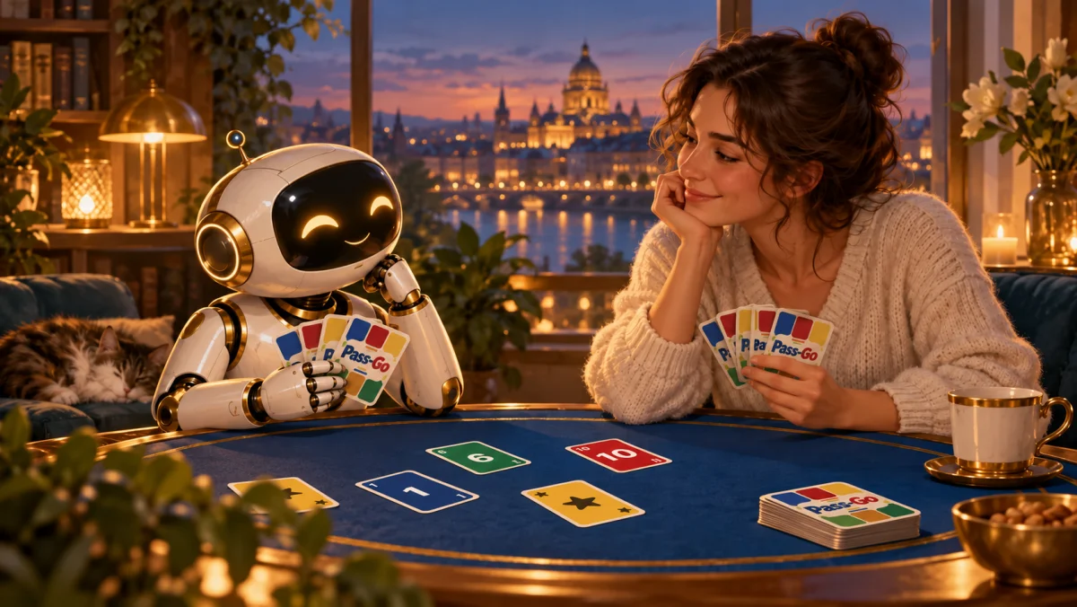 Игрок и дружелюбный робот за карточной игрой — созданная нейросетью иллюстрация